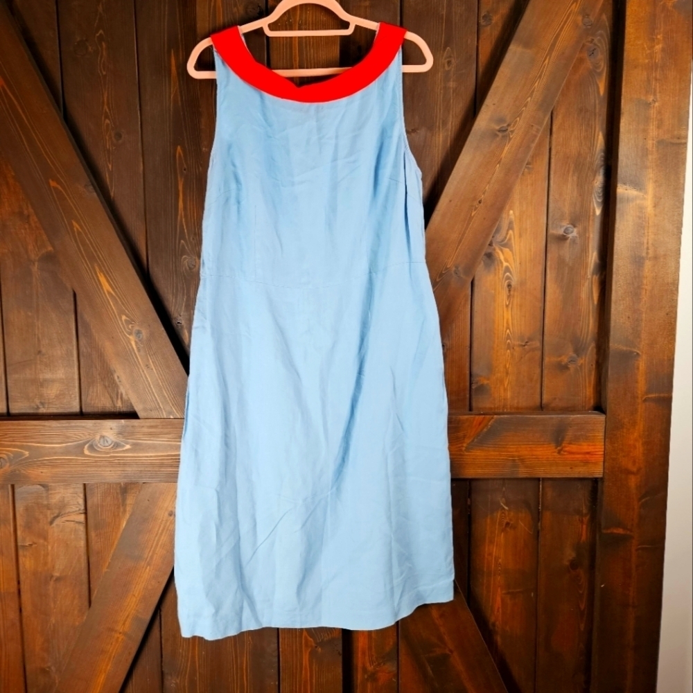 Boden Sleeveless Blue Dress  Red Collar  Linen Dress 14 Long